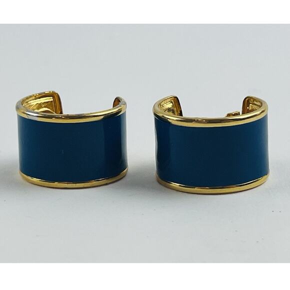 Vintage Signed Monet Blue Enamel Gold Tone Hoop Clip On Earrings 80s Retro Wide - Picture 3 of 9